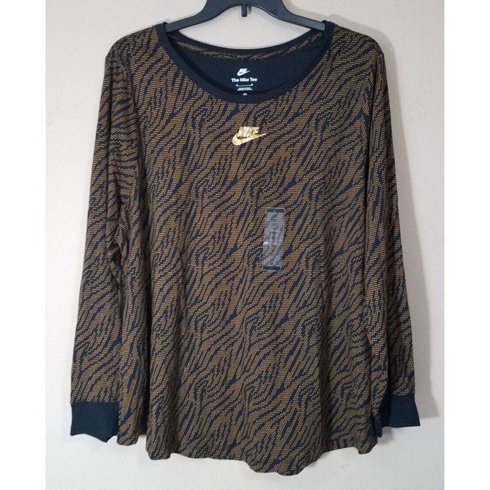 Nike Tee Women 2X Black Gold Long Sleeve Shirt Cotton FZ2463 NEW